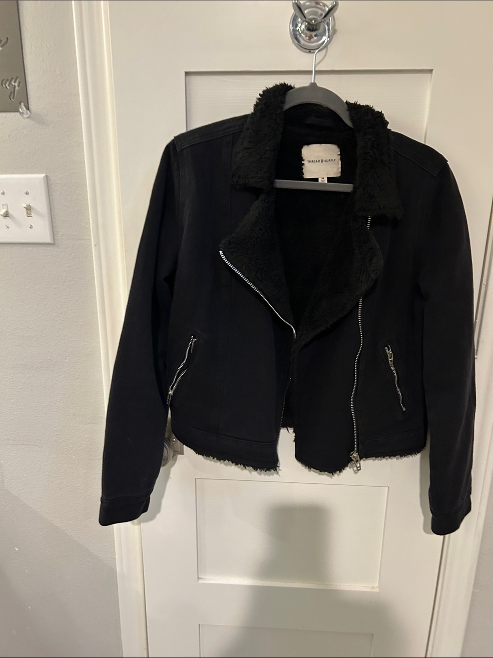Blank NYC Black Faux Shearling Moto Jacket with Zip Details
